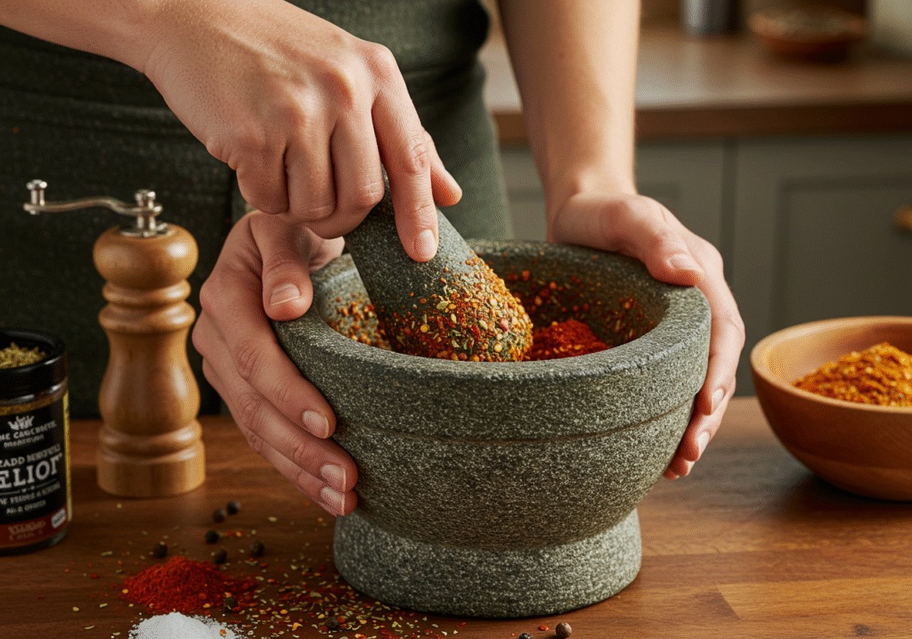 Traditional method for preparing homemade seafood boil seasoning with mortar and pestle