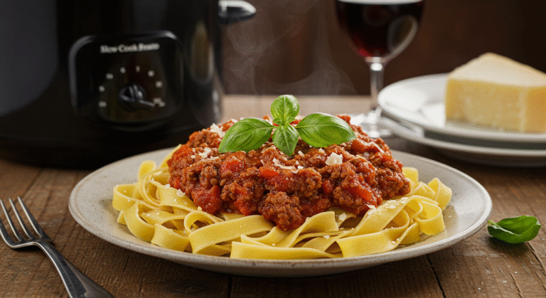 Slow cooker beef bolognese with pasta - the ultimate ground beef slow cooker recipe for busy weeknights