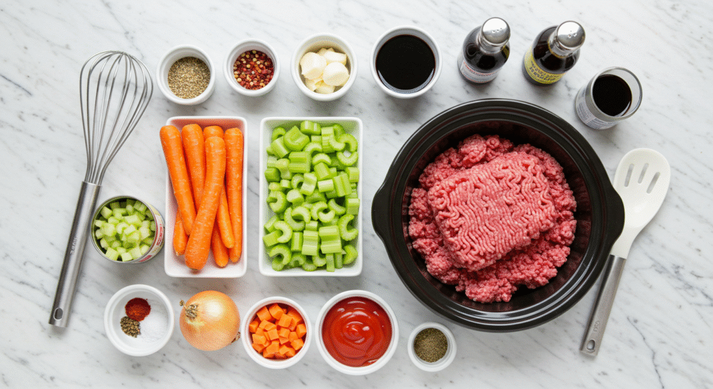 Fresh ingredients for making authentic ground beef slow cooker bolognese