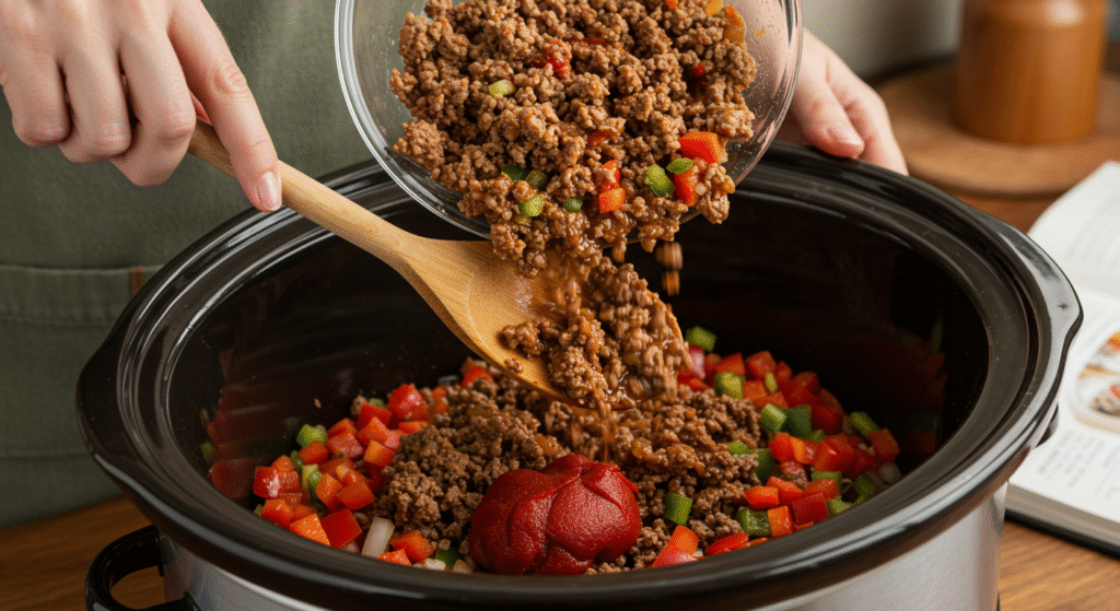Preparing ground beef slow cooker bolognese - the simple dump-and-go method