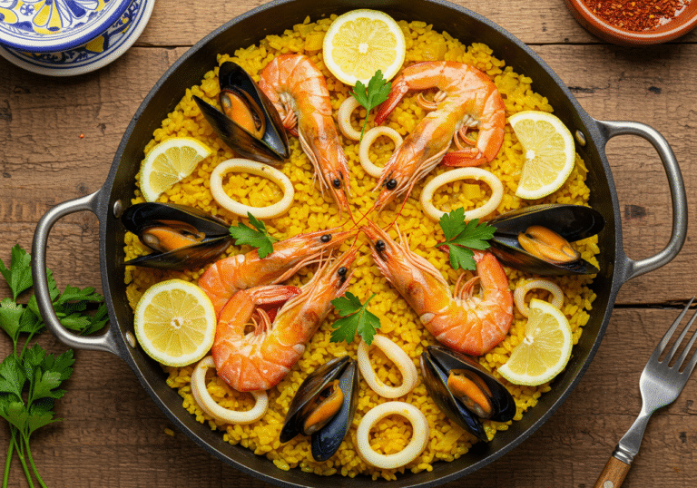 Colorful seafood rice with mixed shellfish and saffron-infused rice, ready in just 20 minutes