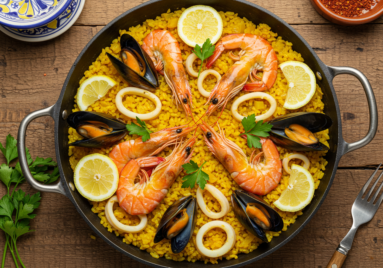 Colorful seafood rice with mixed shellfish and saffron-infused rice, ready in just 20 minutes