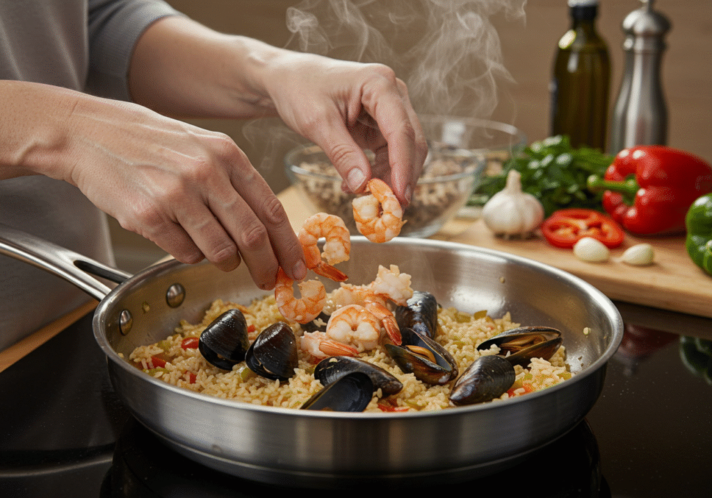 Adding seafood at the right moment for perfectly cooked seafood rice