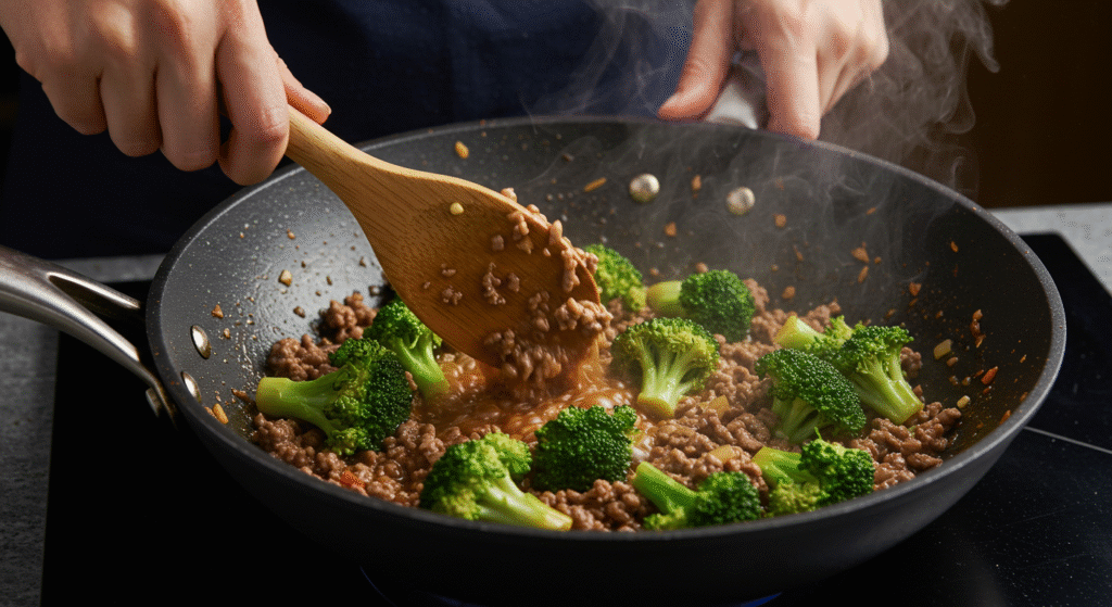 Making Ground Beef and Broccoli in One Pan