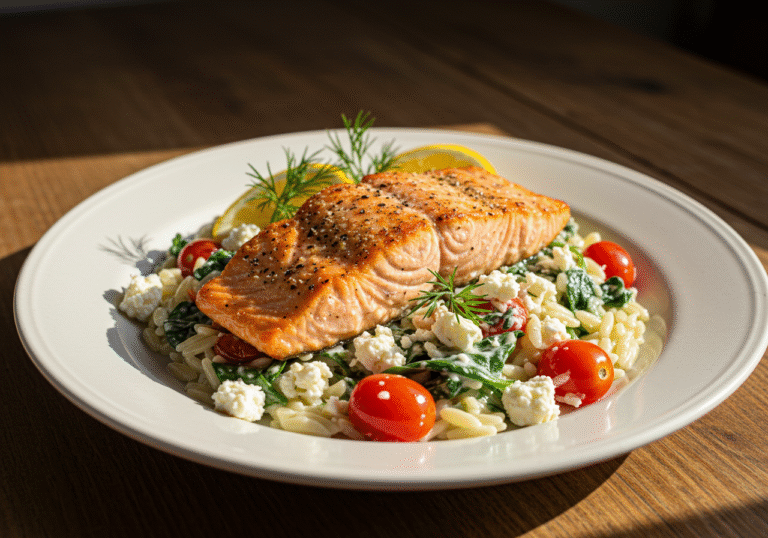 Salmon Orzo Recipe – Flaky Salmon with Creamy Orzo Pasta (Top View)