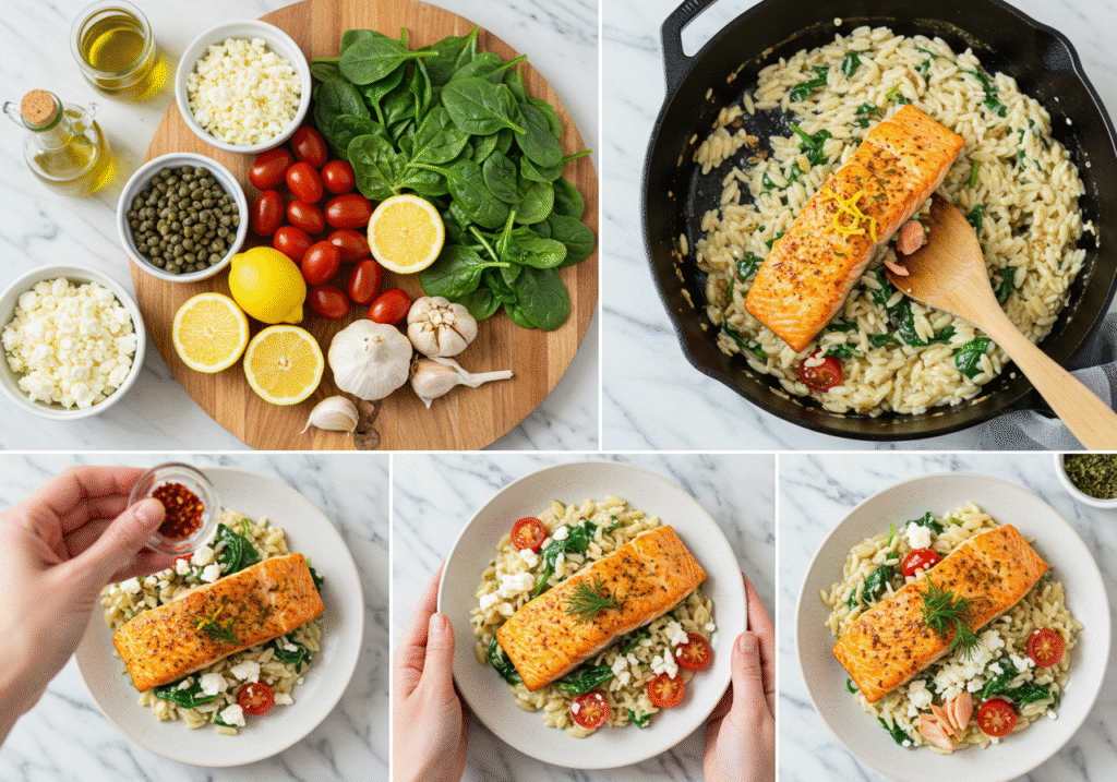 Perfect Salmon Orzo Recipe - Crispy Skin Salmon with Creamy Orzo Pasta (45° Angle)