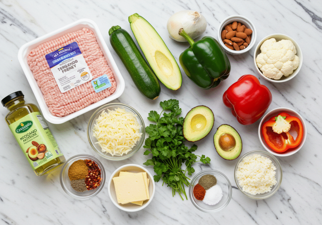 Keto Ground Turkey Ingredients - Fresh Low-Carb Components (Overhead Shot)