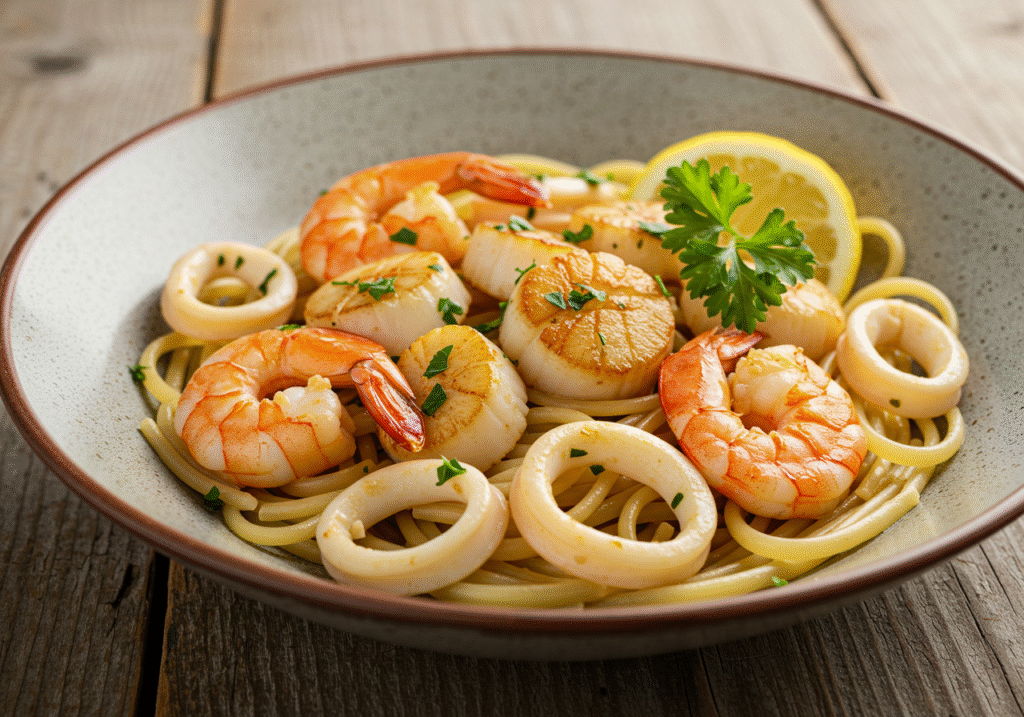 Seafood Medley Pasta - Mediterranean Recipe Final Dish
