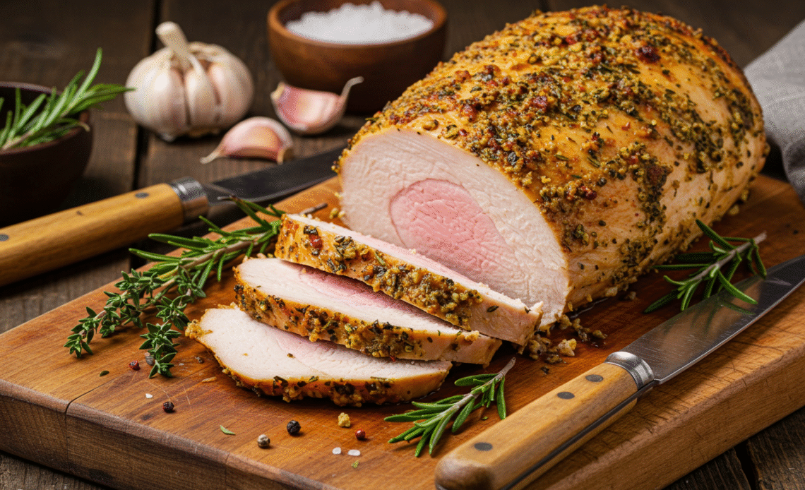 Wild turkey breast recipes: Golden herb-crusted roast with juicy slices