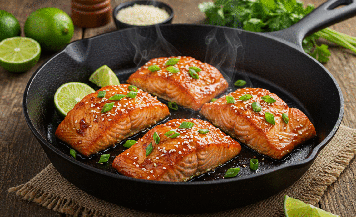 Perfectly glazed spicy salmon recipe seared in a cast iron skillet with aromatic garnishes