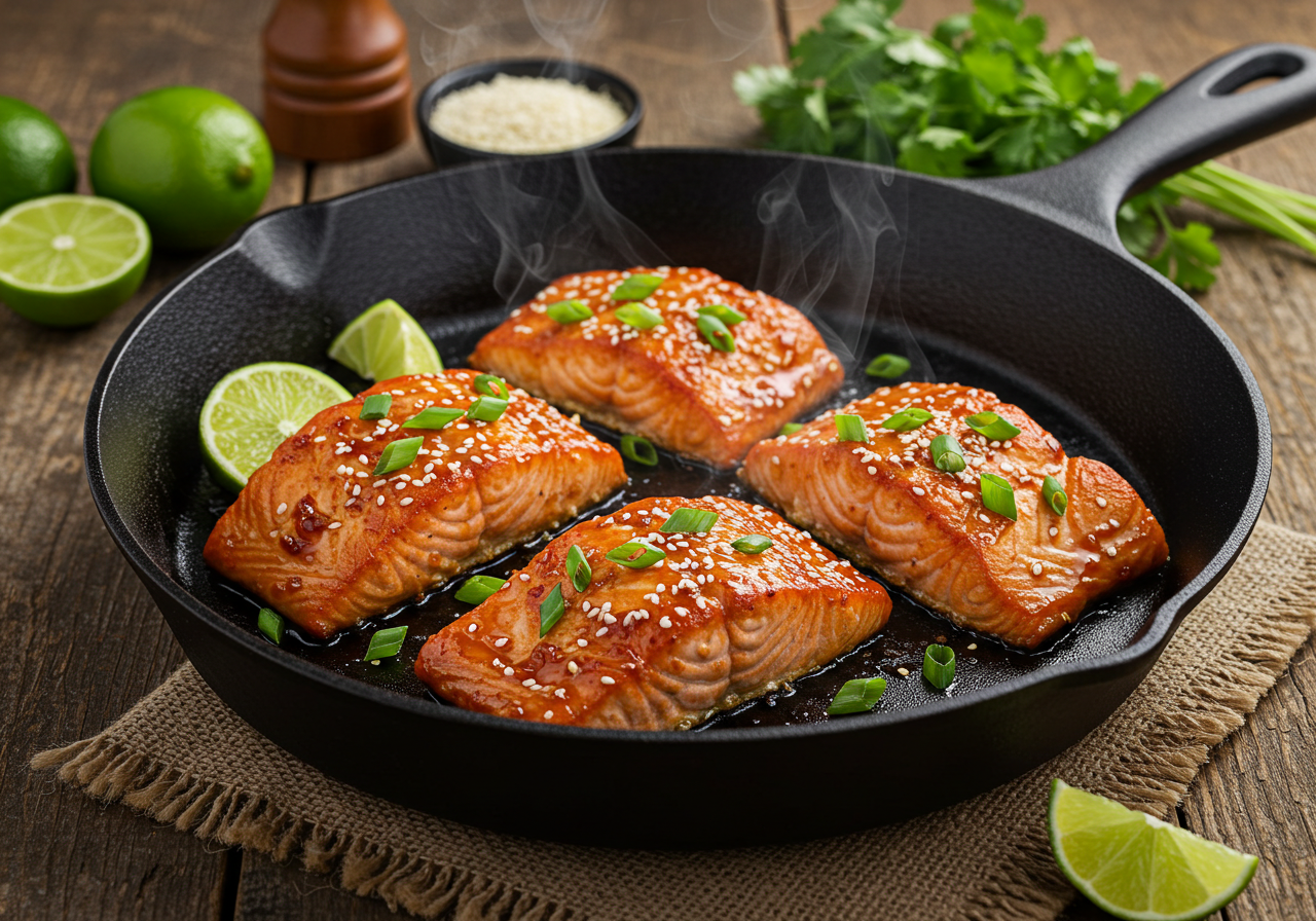 Perfectly glazed spicy salmon recipe seared in a cast iron skillet with aromatic garnishes