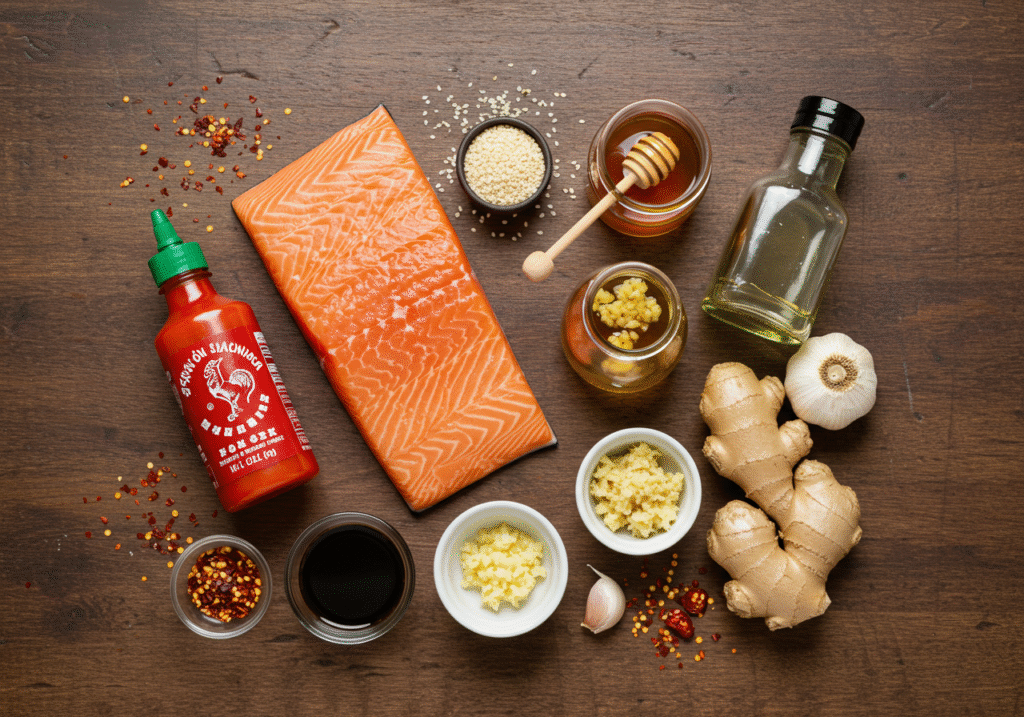Fresh ingredients for easy spicy salmon recipe including sriracha and salmon fillets