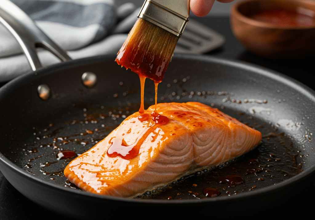 Chef applying spicy glaze to seared salmon in this quick 20-minute spicy salmon recipe