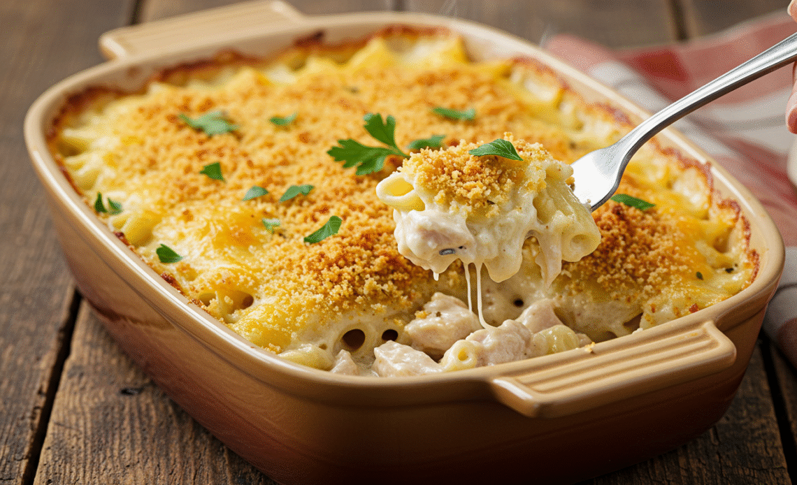 Golden-brown original turkey tetrazzini recipe with creamy sauce and crispy topping
