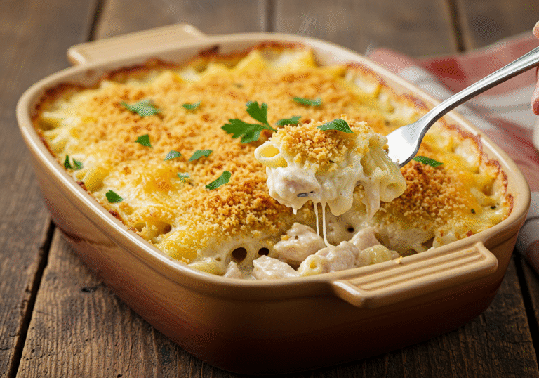 Golden-brown original turkey tetrazzini recipe with creamy sauce and crispy topping