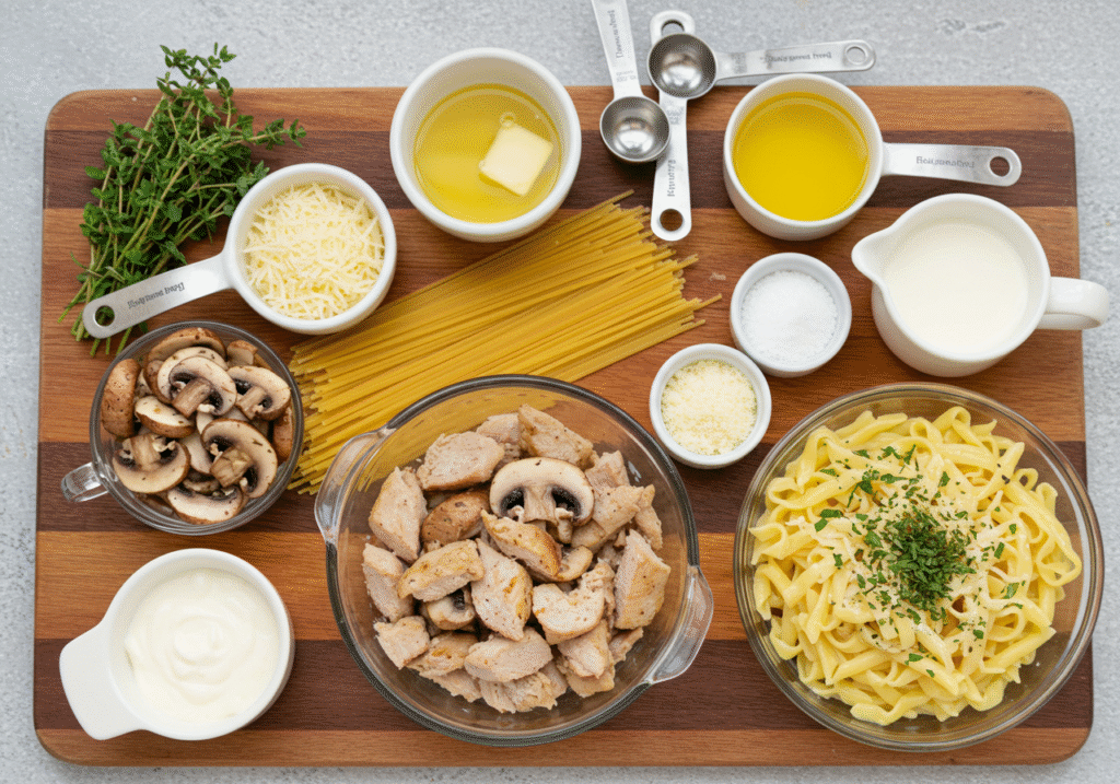 Fresh ingredients for original turkey tetrazzini recipe including turkey and mushrooms