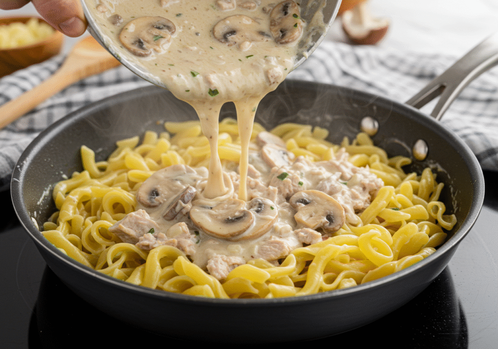 Combining sauce and pasta in original turkey tetrazzini recipe preparation