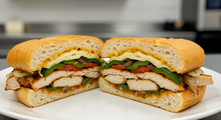 Finished Chicken Philly Cheesesteak sandwich with melted cheese, sautéed vegetables, and toasted hoagie roll