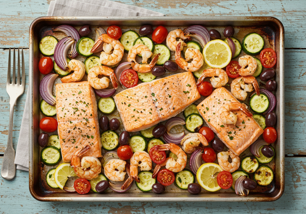 Mediterranean Sheet Pan Salmon and Shrimp - Final Dish