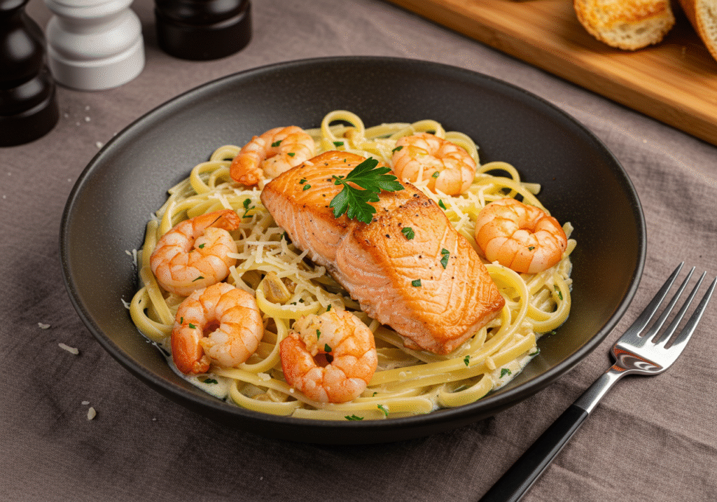 Creamy Garlic Butter Salmon and Shrimp Pasta - Plated