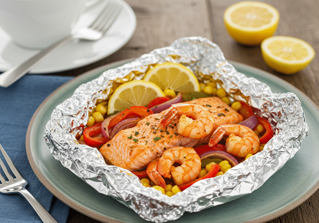 Cajun Salmon and Shrimp Foil Packets - Open and Served
