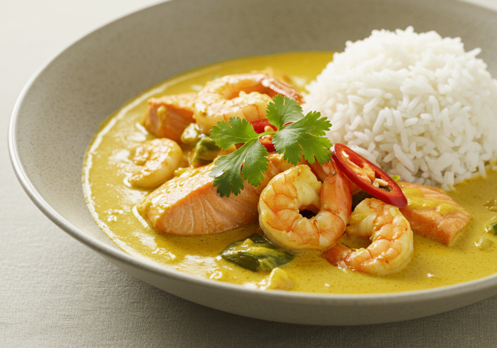 One-Pan Coconut Curry Salmon and Shrimp - Final Presentation