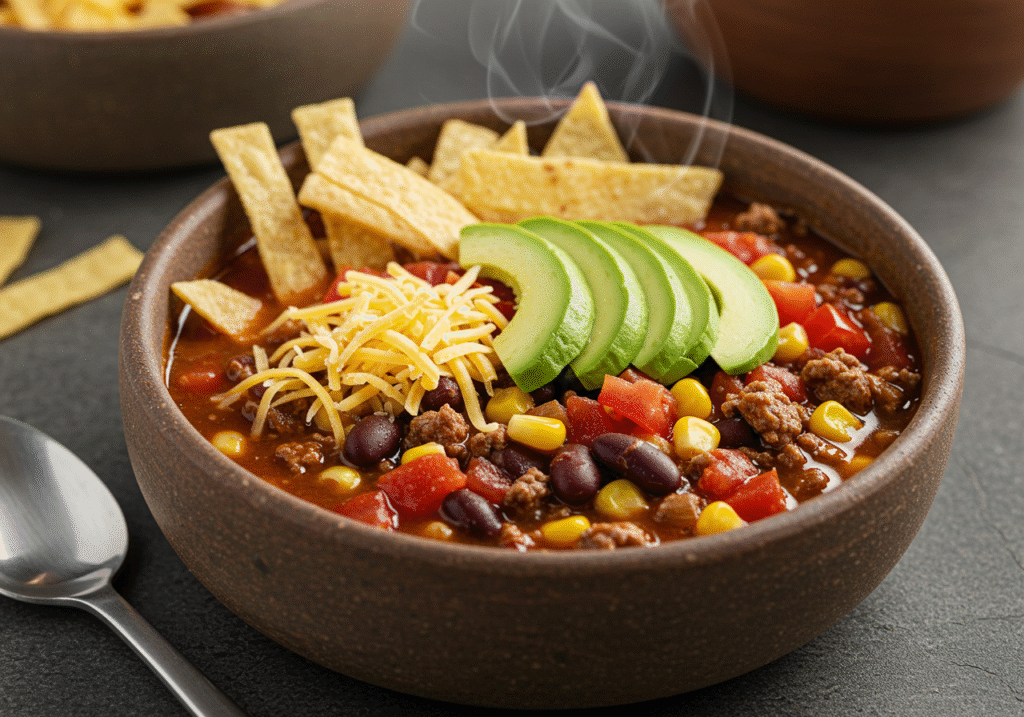 Easy Ground Beef Crockpot Recipe: Taco Soup with Toppings