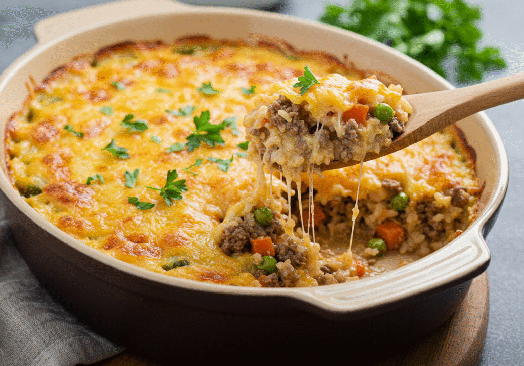 Cheesy Ground Beef Crockpot Recipe: Beef and Rice Casserole