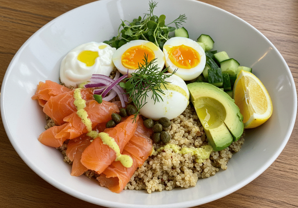 "An overhead shot of a Smoked Salmon and Avocado Breakfast Bowl in a shallow, wide white bowl. The base shows fluffy quinoa topped with arranged sections of smoked salmon pieces, sliced avocado, halved soft-boiled eggs with runny centers, diced cucumber, thin red onion slices, and capers. A small dollop of Greek yogurt on one side with a drizzle of olive oil dressing across the top. Garnished with fresh dill sprigs and delicate microgreens. A small wedge of lemon on the side of the bowl. The scene should look fresh, vibrant and appetizing with natural morning light."