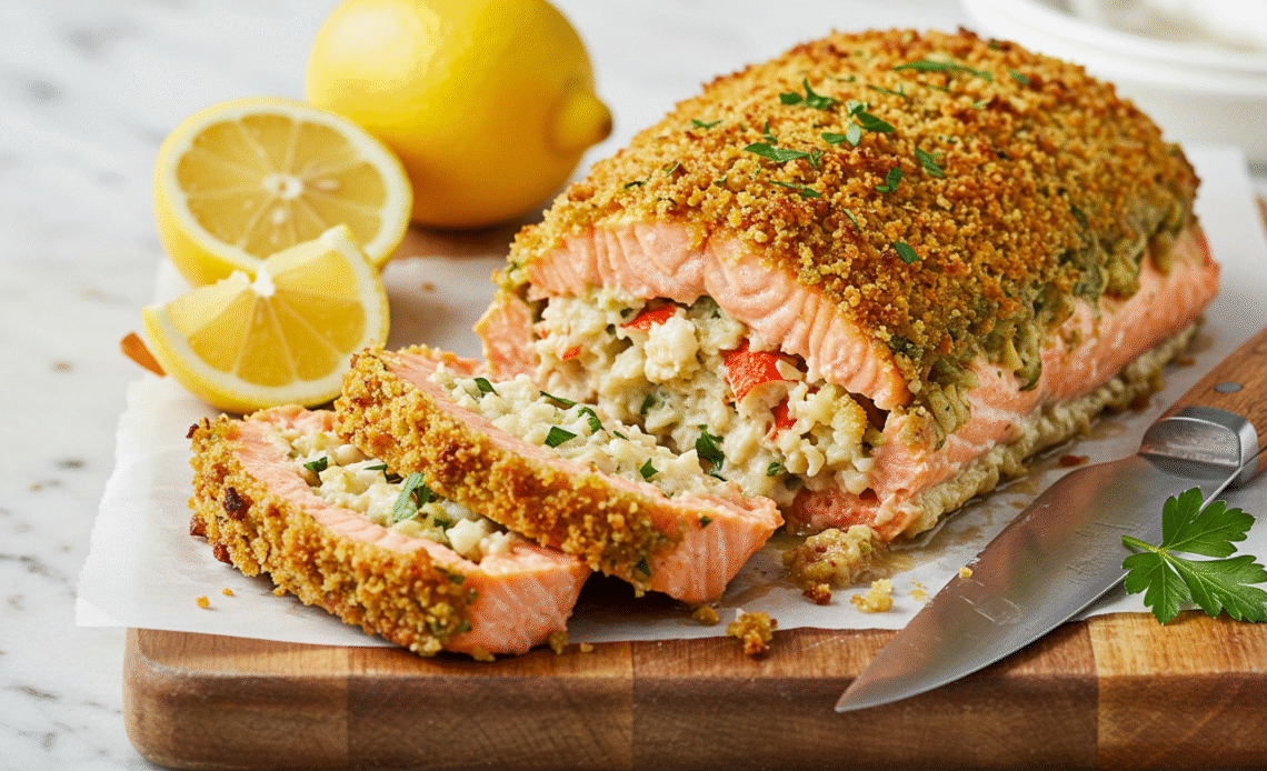 Crab stuffed salmon recipe with crispy topping and lemon garnish