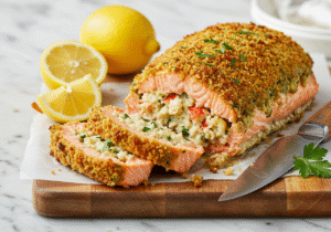 Crab stuffed salmon recipe with crispy topping and lemon garnish
