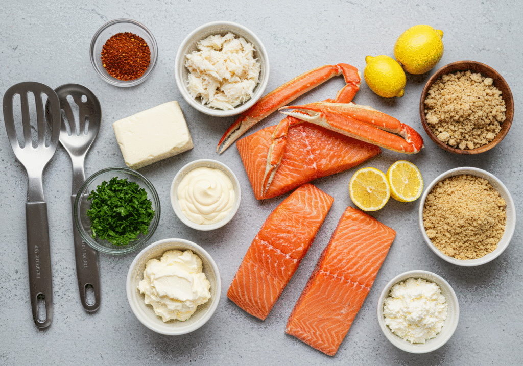Fresh ingredients for easy crab stuffed salmon recipe