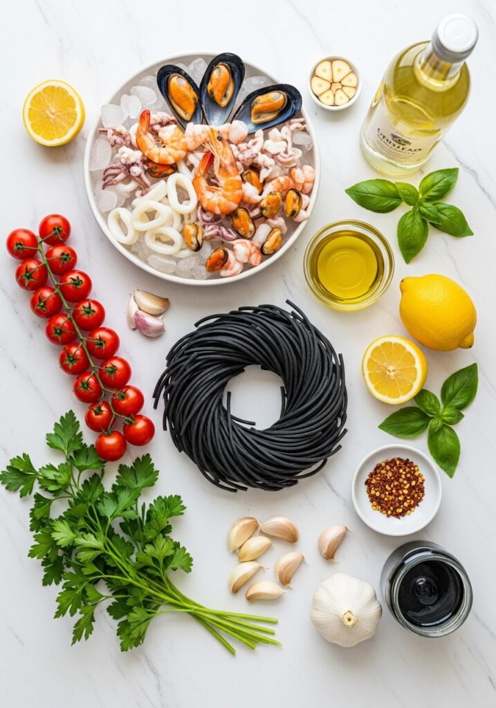 Squid Ink Pasta Recipe Ingredients Layout