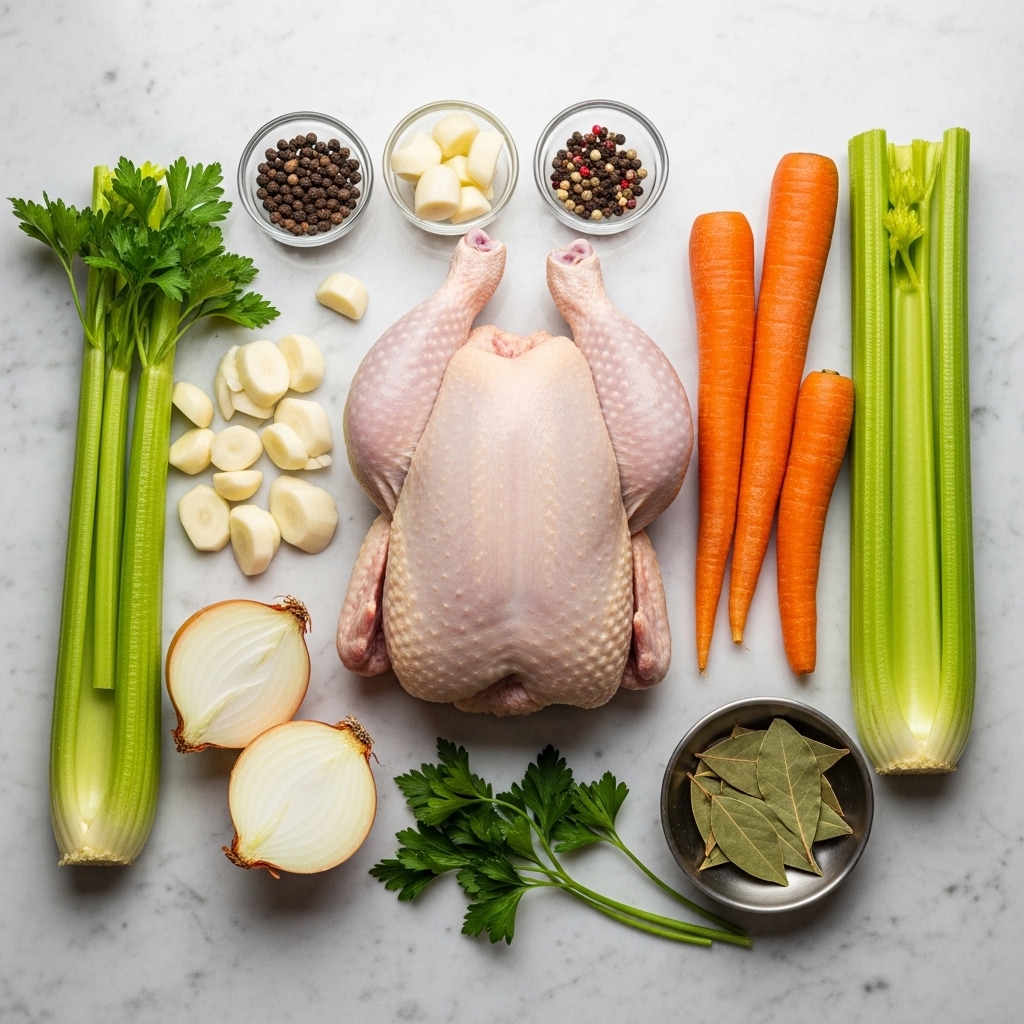 Chicken Noodle Soup: Essential Broth Ingredients Flat Lay
