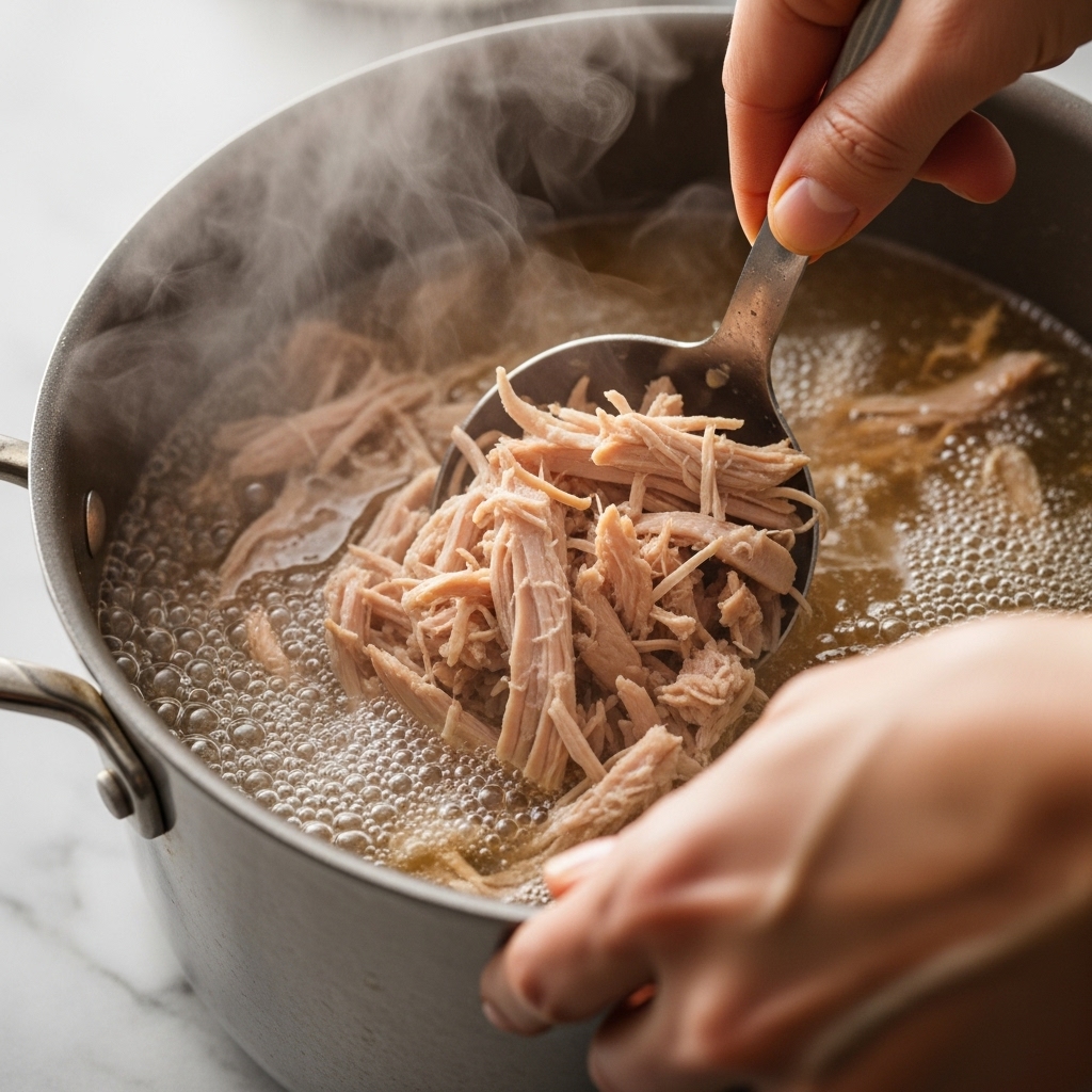 Stirring shredded turkey into the simmering broth so flavors meld — step in the Best Turkey Soup Recipe.