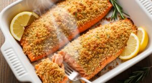 Irresistibly Crispy Parmesan Salmon Bake with a golden crust in a white ceramic dish.