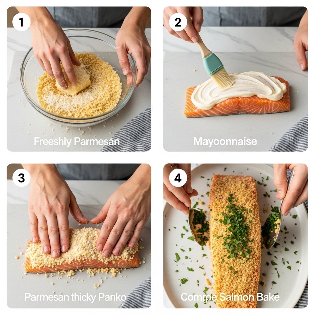 A four-step visual guide showing how to make the Crispy Parmesan Salmon: mix the crust, coat the salmon, apply the topping, and bake.