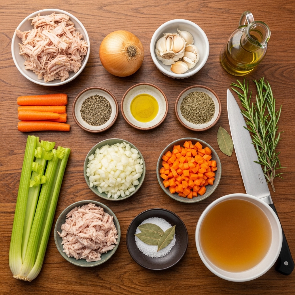Flat lay of turkey soup ingredients including turkey meat, vegetables, herbs, and broth on a wooden kitchen counter.