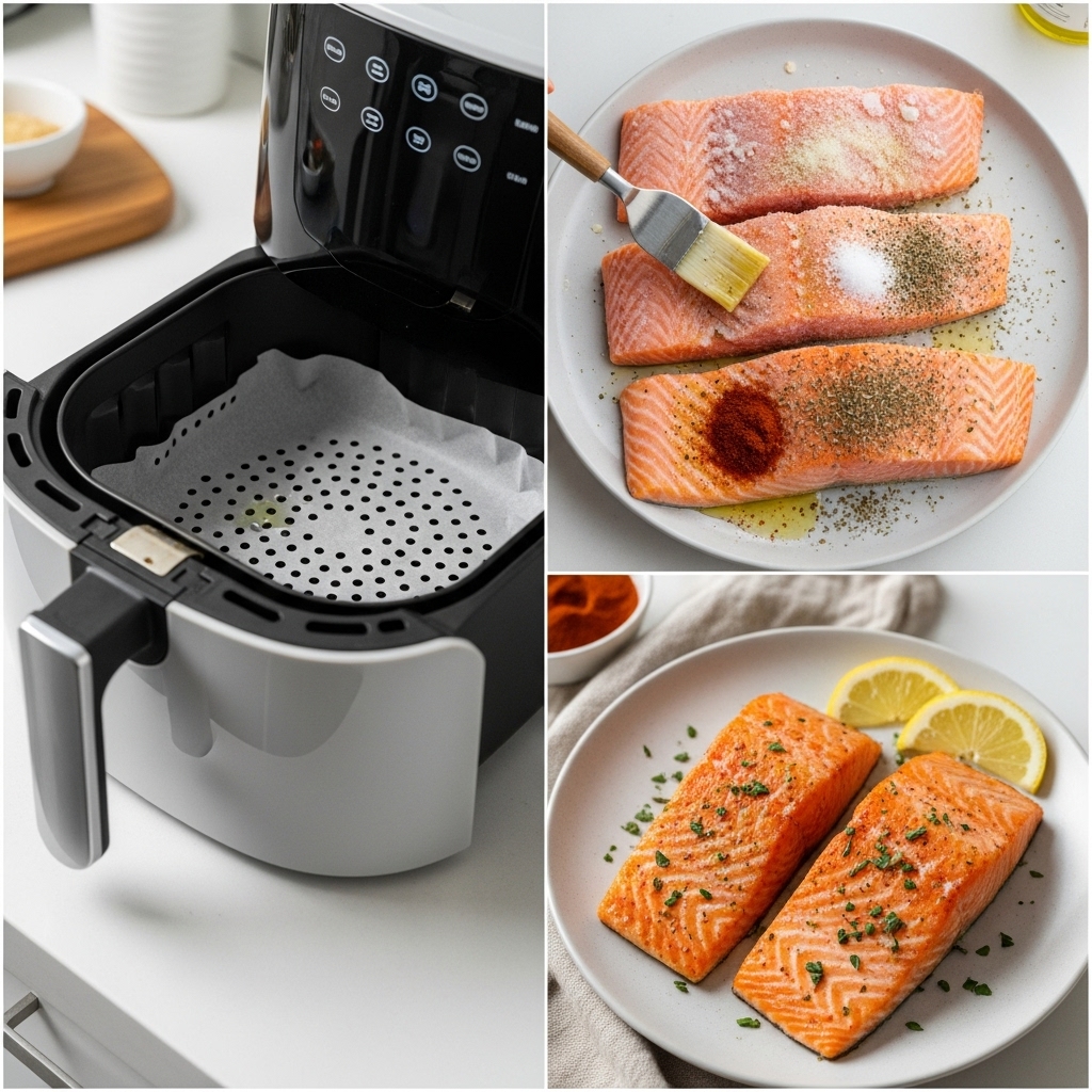 Three-panel collage showing preheating the air fryer, seasoning frozen salmon fillets, and the final cooked salmon resting with lemon wedges.