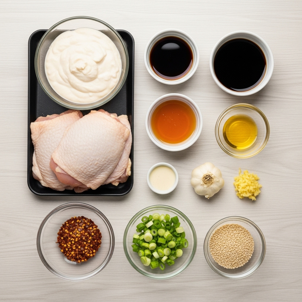 Flatlay of raw chicken thighs and small bowls of miso paste, soy sauce, mirin, vinegar, honey, sesame oil, garlic, ginger, chili, green onions, and sesame seeds.