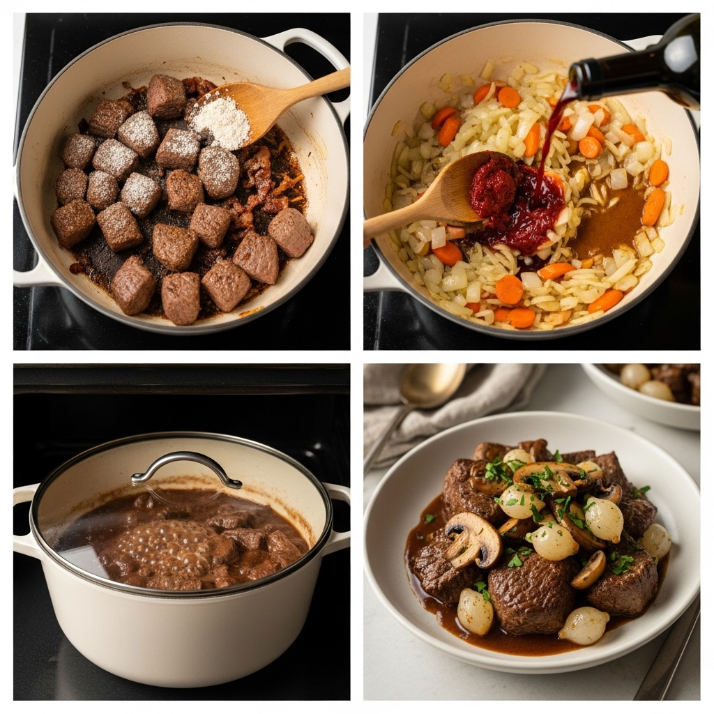 Four-panel collage showing beef burgundy being made: searing beef and bacon, sautéing vegetables with wine, braising in a Dutch oven, and serving the finished stew with mushrooms and pearl onions.