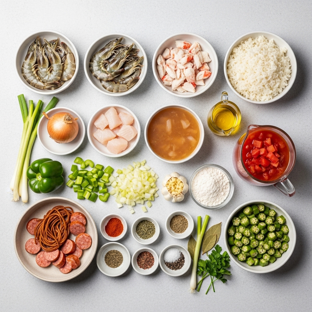 Overhead view of all the ingredients for a seafood gumbo recipe, including shrimp, fish, sausage, vegetables, spices, stock, and rice on a light background.