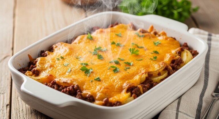 Cheesy Ground Beef & Potato Casserole Ready to Serve