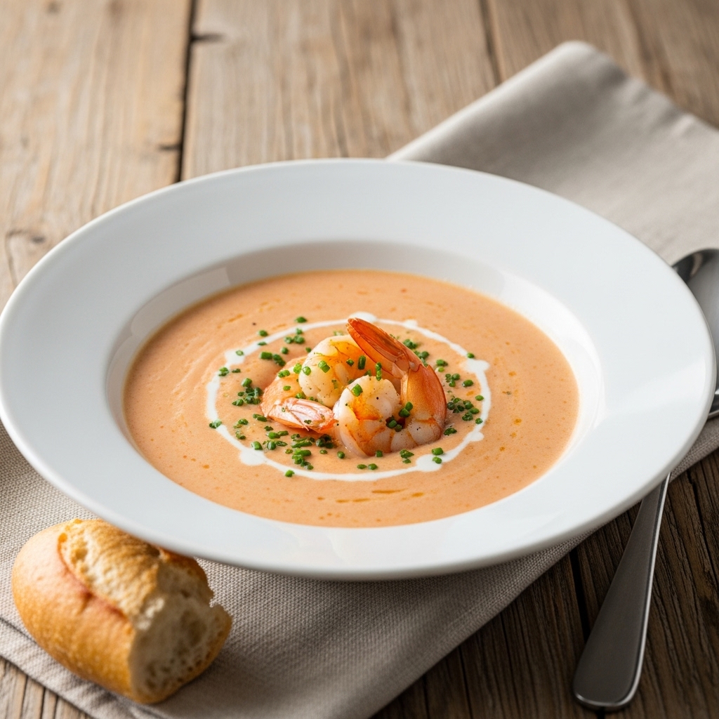 A close-up hero shot of a creamy seafood bisque in a white bowl, topped with shrimp, fresh herbs, and a swirl of cream, with bread and a spoon on a rustic table.