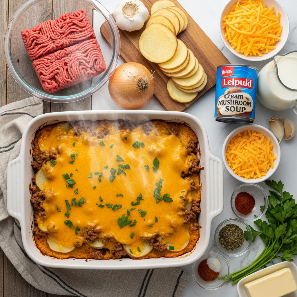 Fresh Ingredients for Cheesy Ground Beef & Potato Casserole