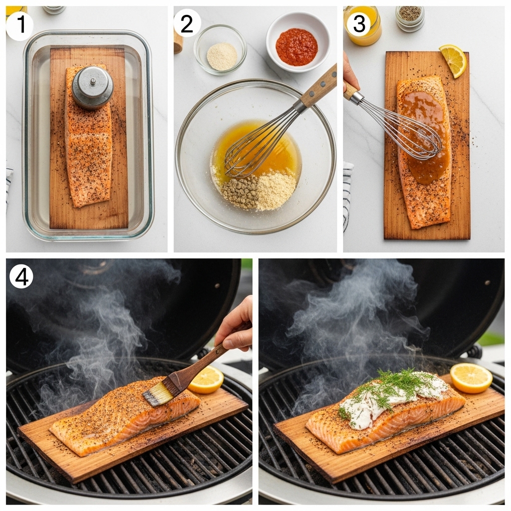 Five-step visual guide showing cedar plank salmon preparation from soaking plank to finished grilled fish with glaze
