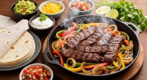 Sizzling beef steak fajita recipe with charred peppers and onions on cast iron skillet surrounded by tortillas and toppings