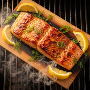 Cedar plank salmon with maple glaze grilling on outdoor barbecue with smoke rising