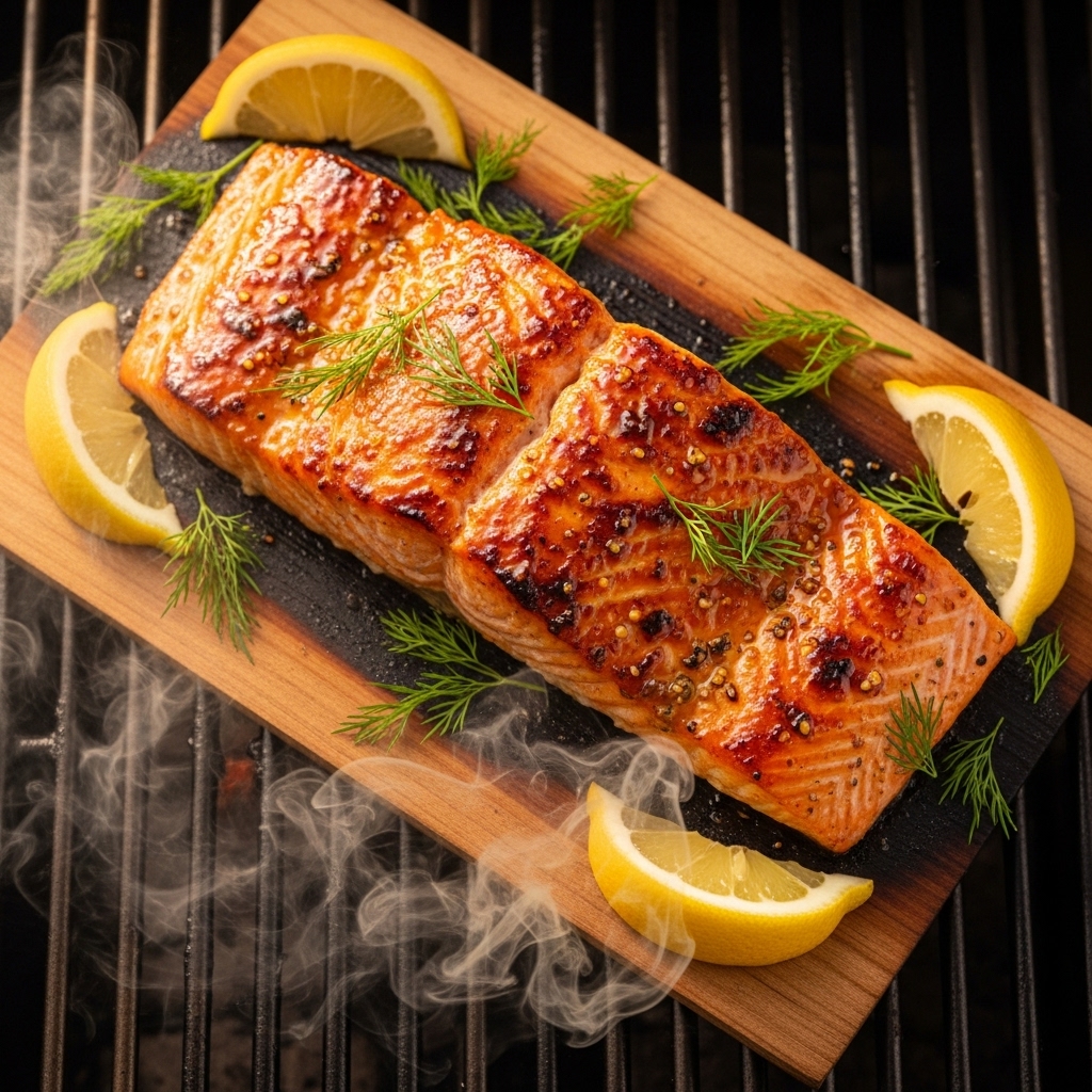 Cedar plank salmon with maple glaze grilling on outdoor barbecue with smoke rising