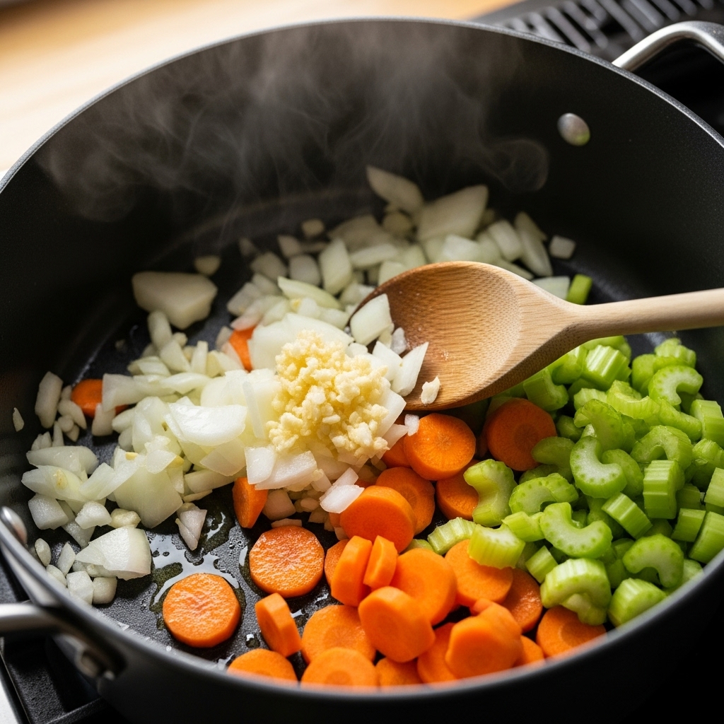 Sautéing onions, garlic, carrots, and celery in olive oil — the aromatic base for the Best Turkey Soup Recipe.